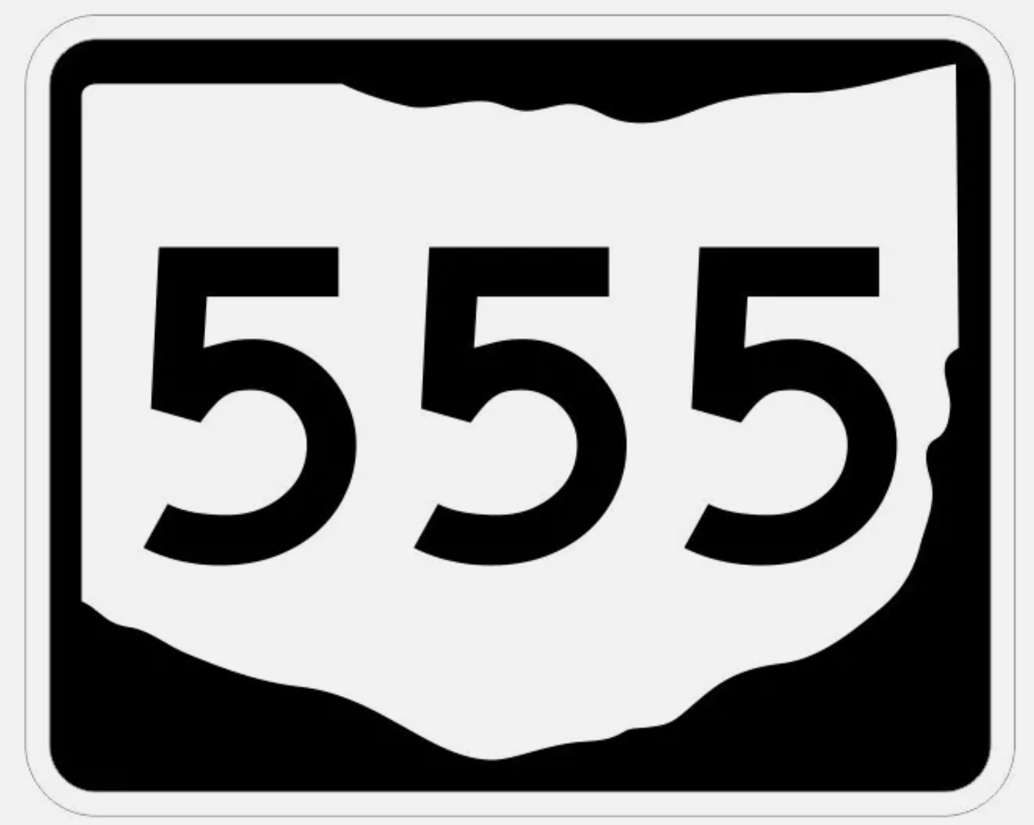 An illustration of the Ohio State Route 555 sign. It is a black background with a white shape of the state of Ohio with black numbers.